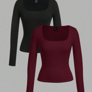 SHEIN EZwear 2 pièces/set T-shirt décontracté à manches longues et col carré moulant pour femme, adapté pour l'été