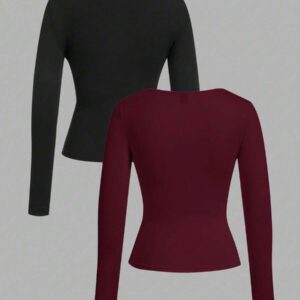 SHEIN EZwear 2 pièces/set T-shirt décontracté à manches longues et col carré moulant pour femme, adapté pour l'été