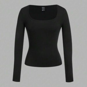 SHEIN EZwear 2 pièces/set T-shirt décontracté à manches longues et col carré moulant pour femme, adapté pour l'été