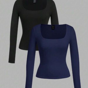 SHEIN EZwear 2 pièces/set T-shirt décontracté à manches longues et col carré moulant pour femme, adapté pour l'été