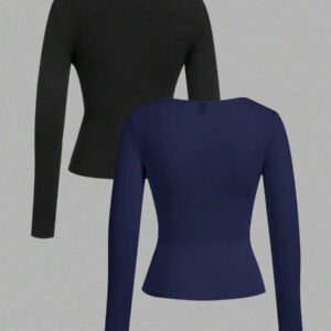SHEIN EZwear 2 pièces/set T-shirt décontracté à manches longues et col carré moulant pour femme, adapté pour l'été