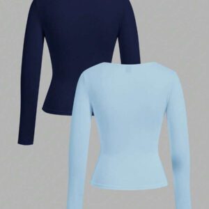 SHEIN EZwear 2 pièces/set T-shirt décontracté à manches longues et col carré moulant pour femme, adapté pour l'été