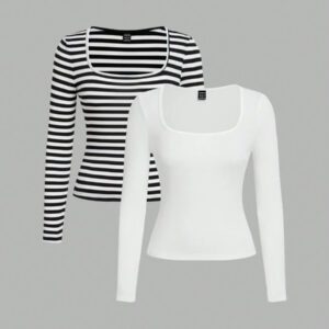 SHEIN EZwear 2 pièces/set T-shirt décontracté à manches longues et col carré moulant pour femme, adapté pour l'été
