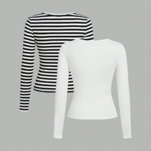 SHEIN EZwear 2 pièces/set T-shirt décontracté à manches longues et col carré moulant pour femme, adapté pour l'été