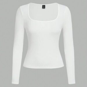 SHEIN EZwear 2 pièces/set T-shirt décontracté à manches longues et col carré moulant pour femme, adapté pour l'été