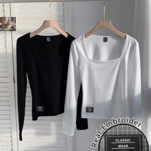 SHEIN EZwear 2 pièces/set T-shirt décontracté à manches longues et col carré moulant pour femme, adapté pour l'été