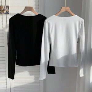 SHEIN EZwear 2 pièces/set T-shirt décontracté à manches longues et col carré moulant pour femme, adapté pour l'été