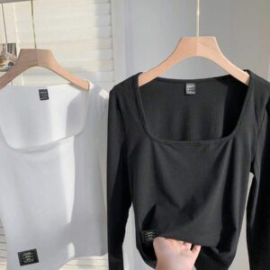 SHEIN EZwear 2 pièces/set T-shirt décontracté à manches longues et col carré moulant pour femme, adapté pour l'été
