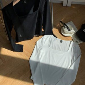 SHEIN EZwear 2 pièces/set T-shirt décontracté à manches longues et col carré moulant pour femme, adapté pour l'été