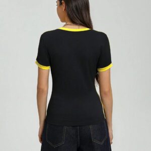Flirla T-shirt graphique à col en V casual et sport pour femmes, manches courtes avec color block brésilien