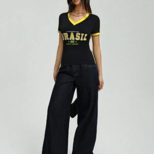 Flirla T-shirt graphique à col en V casual et sport pour femmes, manches courtes avec color block brésilien