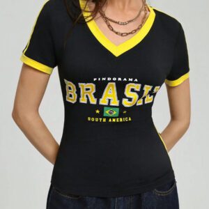Flirla T-shirt graphique à col en V casual et sport pour femmes, manches courtes avec color block brésilien