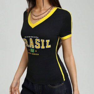 Flirla T-shirt graphique à col en V casual et sport pour femmes, manches courtes avec color block brésilien