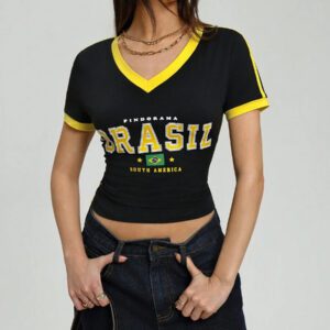 Flirla T-shirt graphique à col en V casual et sport pour femmes, manches courtes avec color block brésilien