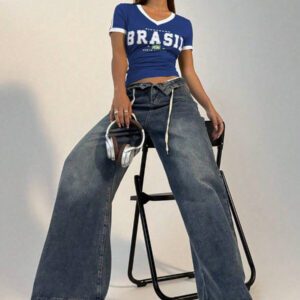 Flirla T-shirt graphique à col en V casual et sport pour femmes, manches courtes avec color block brésilien
