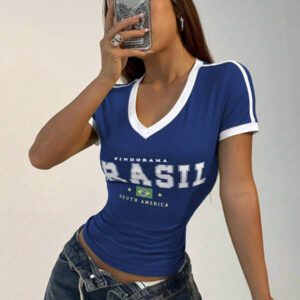 Flirla T-shirt graphique à col en V casual et sport pour femmes, manches courtes avec color block brésilien