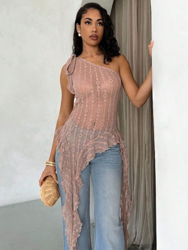 Glamine Top transparent pour femmes avec volants, bretelles asymétriques obliques, texture jacquard pour le printemps et l'été – Image 16
