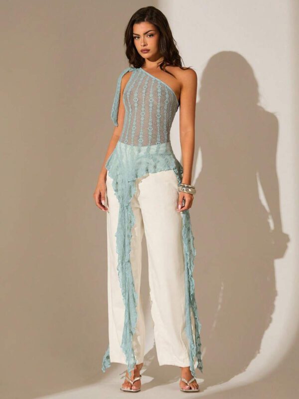 Glamine Top transparent pour femmes avec volants, bretelles asymétriques obliques, texture jacquard pour le printemps et l'été – Image 17