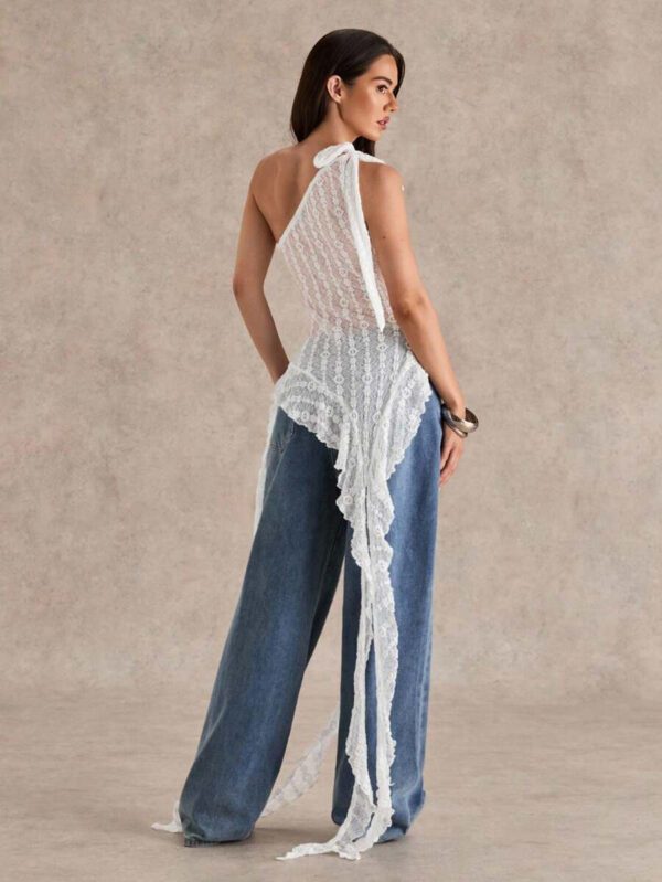 Glamine Top transparent pour femmes avec volants, bretelles asymétriques obliques, texture jacquard pour le printemps et l'été – Image 25