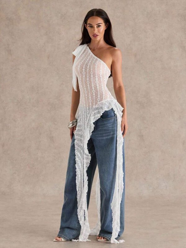 Glamine Top transparent pour femmes avec volants, bretelles asymétriques obliques, texture jacquard pour le printemps et l'été – Image 27