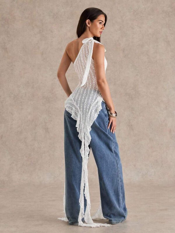 Glamine Top transparent pour femmes avec volants, bretelles asymétriques obliques, texture jacquard pour le printemps et l'été – Image 29