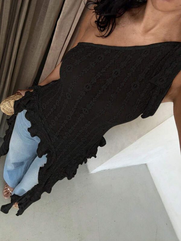 Glamine Top transparent pour femmes avec volants, bretelles asymétriques obliques, texture jacquard pour le printemps et l'été – Image 35