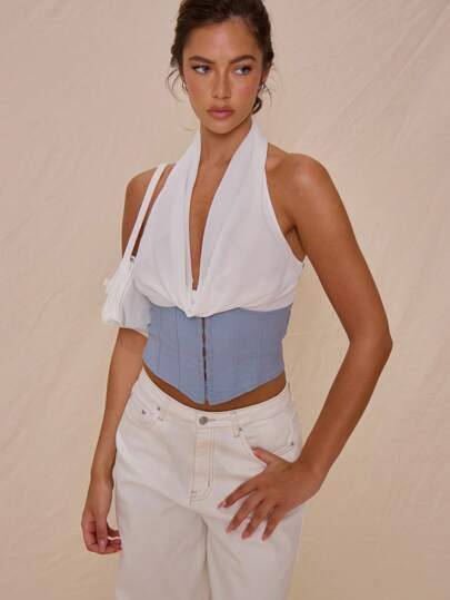 MUSERA Top corset à maille et à col halter drapé avec attaches en crochet et œil. Chic et sexy pour le printemps et l'été, idéal pour les vacances, les sorties et les fêtes.