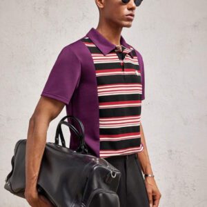 AKNOTIC Party Chemise polo ajustée à col rayé de couleur contrastée bordeaux en tricot pour homme, avec décoration de serpent en métal. Style casual convenant pour le printemps/l'été, les vacances et les déplacements.