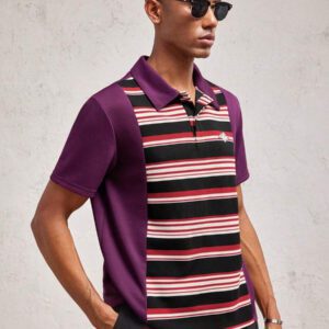 AKNOTIC Party Chemise polo ajustée à col rayé de couleur contrastée bordeaux en tricot pour homme, avec décoration de serpent en métal. Style casual convenant pour le printemps/l'été, les vacances et les déplacements.