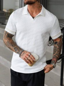 Manfinity Mode Chemise polo à manches courtes en jacquard décontractée pour homme, parfaite pour les trajets quotidiens en été – Image 4