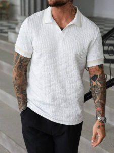Manfinity Mode Chemise polo à manches courtes en jacquard décontractée pour homme, parfaite pour les trajets quotidiens en été – Image 5