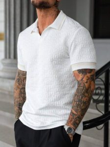 Manfinity Mode Chemise polo à manches courtes en jacquard décontractée pour homme, parfaite pour les trajets quotidiens en été – Image 6