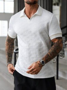 Manfinity Mode Chemise polo à manches courtes en jacquard décontractée pour homme, parfaite pour les trajets quotidiens en été – Image 9