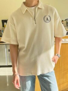DAZY Homme Polo En Coton À Lettres Zippé Épaule Tombante