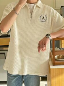 DAZY Homme Polo En Coton À Lettres Zippé Épaule Tombante – Image 5