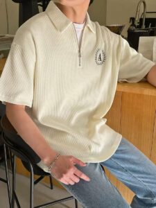 DAZY Homme Polo En Coton À Lettres Zippé Épaule Tombante – Image 6