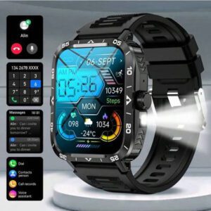 Nouvelle montre connectée unisexe de plein air avec lampe de poche LED de 1,95 pouces, tracker de fitness multifonctions avec appel sans fil, notification de message, contrôle de la musique, pour Android et iOS