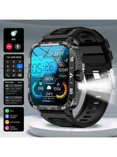 Nouvelle montre connectée unisexe de plein air avec lampe de poche LED de 1,95 pouces, tracker de fitness multifonctions avec appel sans fil, notification de message, contrôle de la musique, pour Android et iOS
