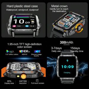 Nouvelle montre connectée unisexe de plein air avec lampe de poche LED de 1,95 pouces, tracker de fitness multifonctions avec appel sans fil, notification de message, contrôle de la musique, pour Android et iOS