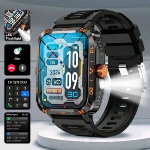 Nouvelle montre connectée unisexe de plein air avec lampe de poche LED de 1,95 pouces, tracker de fitness multifonctions avec appel sans fil, notification de message, contrôle de la musique, pour Android et iOS