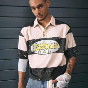 AXEPEAK Polo à manches courtes oversize à motif numérique tricoté lâche, édition école et streetwear
