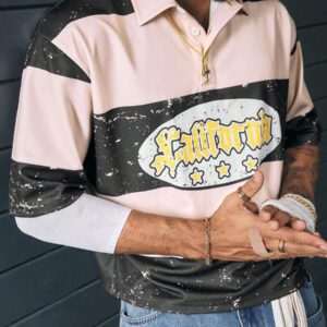 AXEPEAK Polo à manches courtes oversize à motif numérique tricoté lâche, édition école et streetwear
