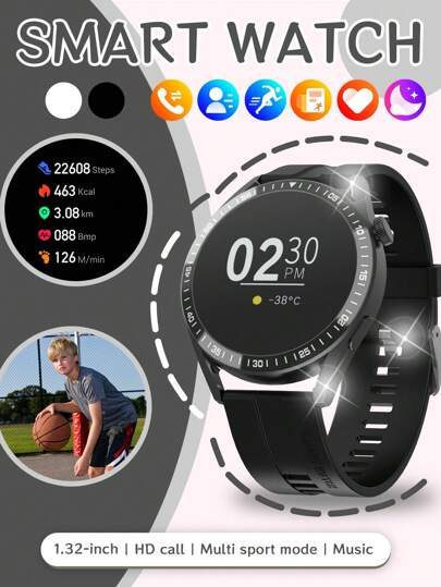 1 pièce Montre connectée haute définition de 1,32 pouces pour adolescents et jeunes, avec bracelet en silicone, comprenant la température corporelle, les prévisions météorologiques, le Bluetooth, le suivi des activités sportives, l'alerte d'appel entrant, compatible Android et iOS, idéal pour les cadeaux, l'école, les sports, les rassemblements