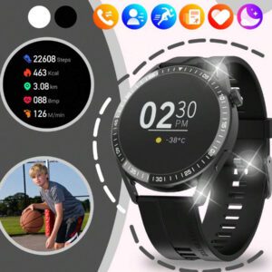 1 pièce Montre connectée haute définition de 1,32 pouces pour adolescents et jeunes, avec bracelet en silicone, comprenant la température corporelle, les prévisions météorologiques, le Bluetooth, le suivi des activités sportives, l'alerte d'appel entrant, compatible Android et iOS, idéal pour les cadeaux, l'école, les sports, les rassemblements