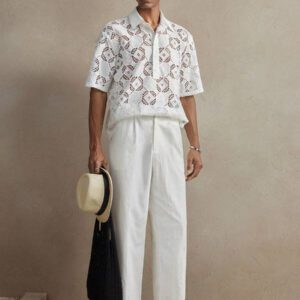 Chemise polo en maille blanche à carreaux jacquard tricotée avec épissure au col, convenant pour le port quotidien, les vacances et les mariages, printemps/été
