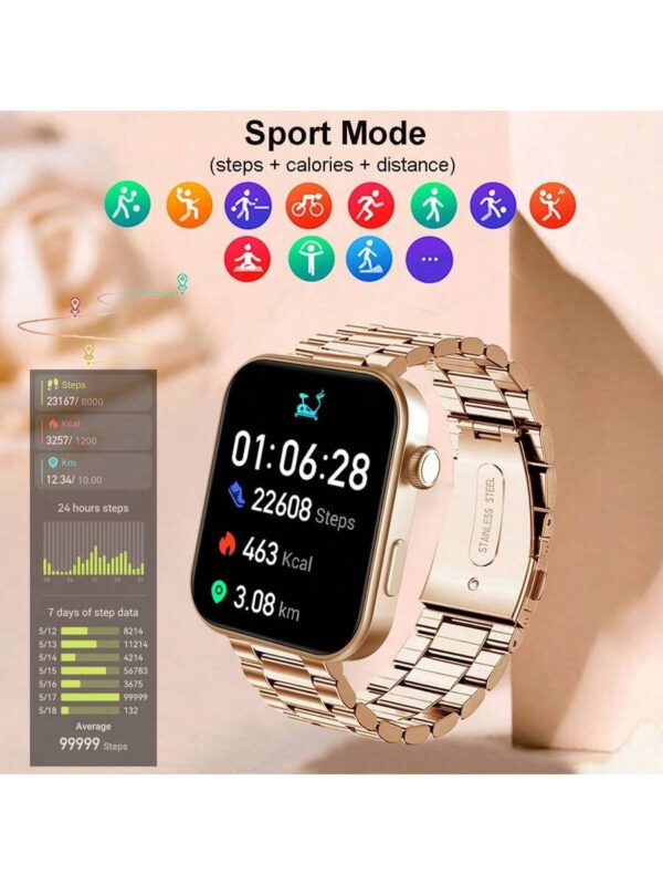 Montre connectée carrée intelligente de 1,85 pouces avec appel sans fil, modes multisports suivi de la condition physique, réception de messages, contrôle de la musique, cadran personnalisé, alarme chronomètre météo, compatible avec Android et iOS – Image 4