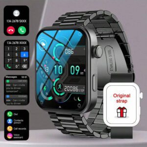 1,85 pouces Montre intelligente carrée pour hommes et femmes, modes multisports, suivi de la condition physique, appel sans fil et réception d'informations, contrôle à distance de la musique, alarme, chronomètre, prise en charge de plusieurs langues