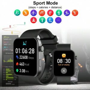 1,85 pouces Montre intelligente carrée pour hommes et femmes, modes multisports, suivi de la condition physique, appel sans fil et réception d'informations, contrôle à distance de la musique, alarme, chronomètre, prise en charge de plusieurs langues