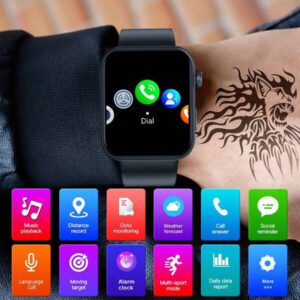1,85 pouces Montre intelligente carrée pour hommes et femmes, modes multisports, suivi de la condition physique, appel sans fil et réception d'informations, contrôle à distance de la musique, alarme, chronomètre, prise en charge de plusieurs langues