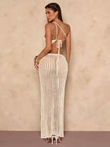 SHEIN BAE Débardeur tricoté mode de couleur unie, ajouré et dos nu, adapté pour la plage – Image 3